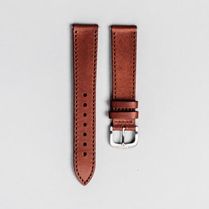 The brown Italian veg tan leather strap with brushed buckle. 18mm